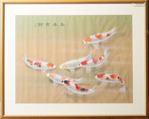 Chinese Painting on Silk of Swimming Koi