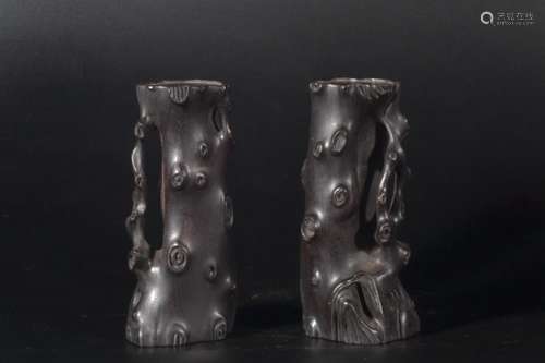 Qing Dynasty - Zitan Wood Tree Nodules Vase Pair