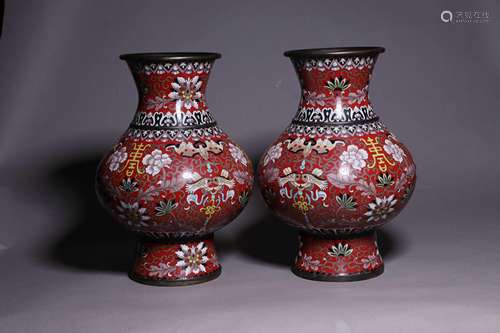 Enamel 'Floral & Bird' Shou Vase Pair