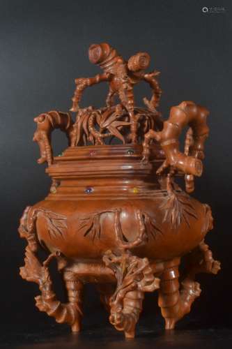 Qing Dynasty - Boxwood Bamboo Shaped Incense Burner