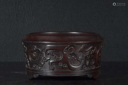 Qing Dynasty - Zitan Wood Pixiu Three Legs Brush Washer