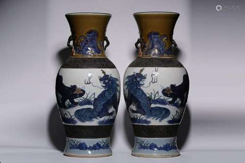 Qing Dynasty - Blue White Kirin Pattern Vase Pair