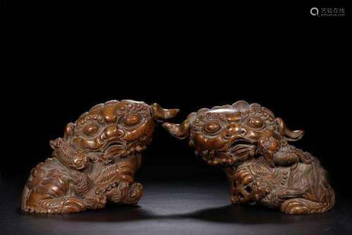 Qing Dynasty - Bamboo Root Lions Pair