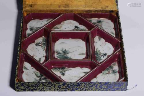 Qing Dynasty - Famille Rose 'Landscape' Plate Set