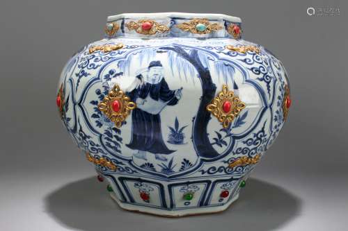A Chinese Window-framed Blue and White Fortune Plated