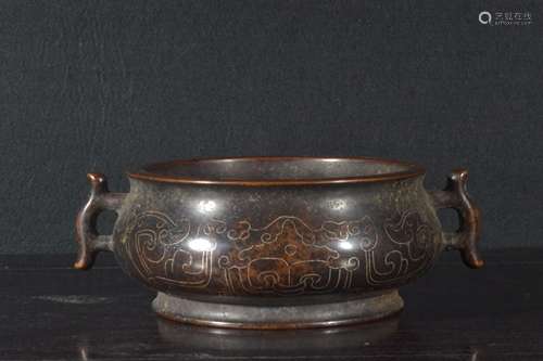 Qing Dynasty - Bronze Silver Inlaid Incense Burner With