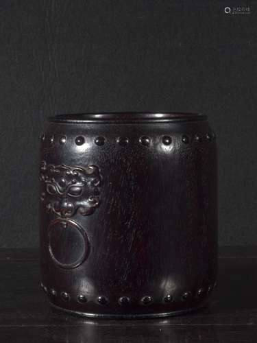 Qing Dynasty - Zitan Wood Drum Shaped Brush pot