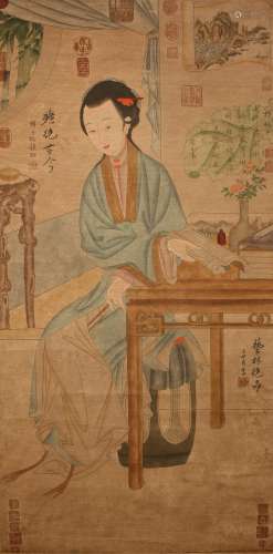 A Chinese Lady-portrait Poetry-framing Fortune Scroll