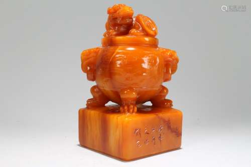 A Chinese Vividly-detailed Square-based Soapstone Seal