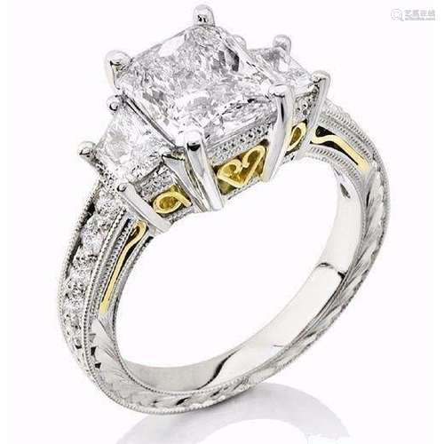 Natural 2.72 CTW Radiant Cut & Trapezoids Diamond Ring