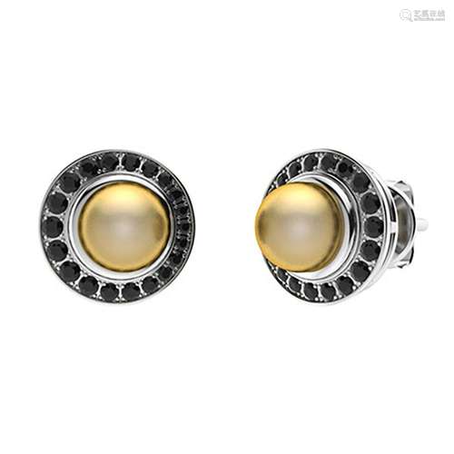 1.95 CTW Black Diamond & Golden Pearl Halo Earrings 14K