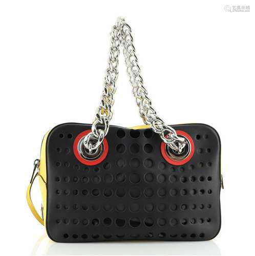 Prada Grommet Chain Shoulder Bag Perforated Leather