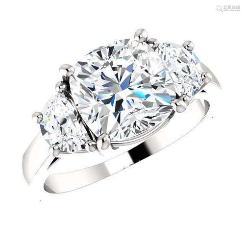 Natural 3.82 CTW Cushion Cut & Half Moons 3-stone