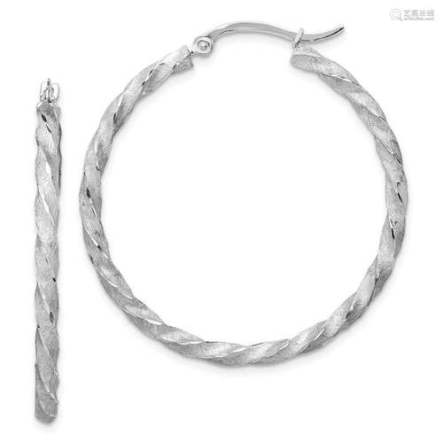 14k White Gold Twisted Satin Diamond-Cut Hoop Earrings