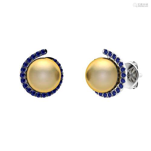 3.29 CTW Sapphire & Golden Pearl Halo Earrings 18K