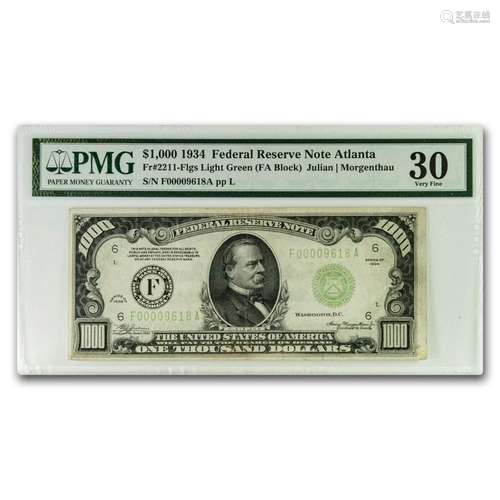 1934 (F-Atlanta) $1,000 FRN VF-30 PMG (Fr#2211-F) LGS