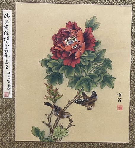 近現代 陳之佛 精品花鳥圖（名人鑒賞提拔書法） 老絹綾裱 鏡片