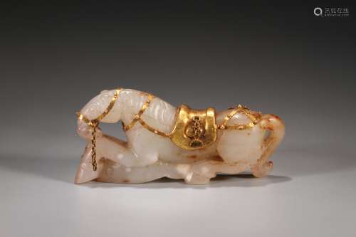 Horse-shaped Gold-plated Jade and Silver Ornament
