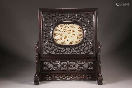 Red Sandalwood Table Screen with Jade Inlay