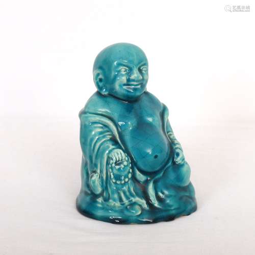 STATUETTE DE BUDAI EN GRÈS ÉMAILLÉ TURQUOISE Chine, XXe sièc...