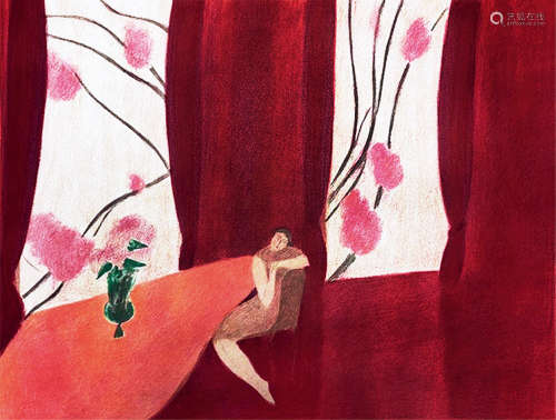b.1938 皮埃尔·彭贡潘 红色窗帘 石版画