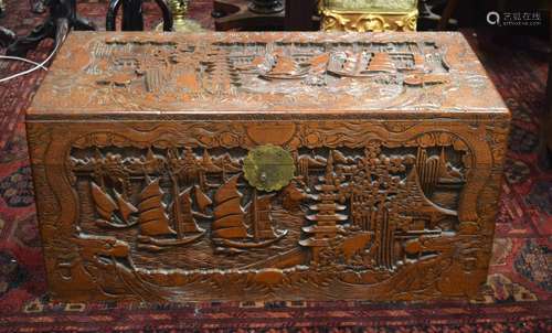 A CHINESE CAMPHOR WOOD LINED CHEST, decorated with