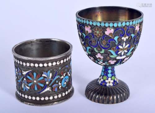 AN ANTIQUE RUSSIAN SILVER AND ENAME EGG CUP together