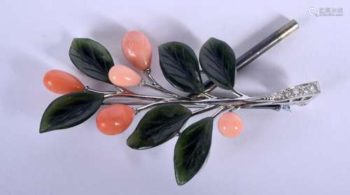 A VINTAGE WHITE GOLD JADE AND CORAL FLOWER BROOCH. 13