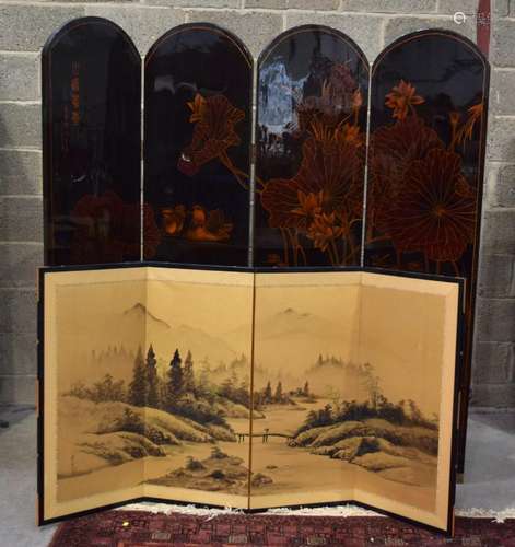 A LARGE JAPANESE BLACK LACQUERED FOUR FOLD SCREEN,