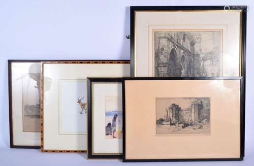 FOUR ANTIQUE ENGRAVINGS together with a print. Largest