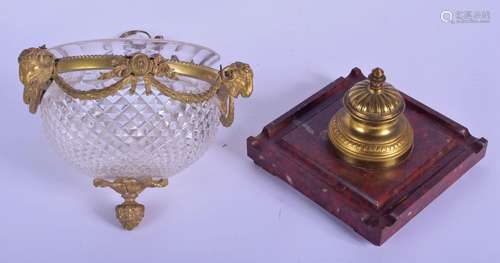 AN ANTIQUE GRAND TOUR MARBLE AND BRONZE INKWELL