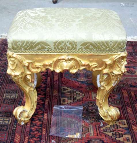 A GEORGE II STYLE COUNTRY HOUSE GILTWOOD STOOL, with