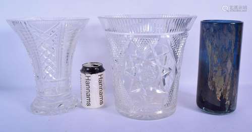 A STYLISH ART GLASS VASE together with two cut glass