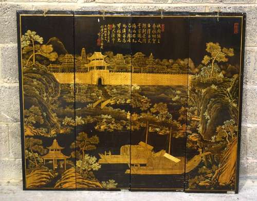 A 19TH CENTURY CHINESE BLACK LACQUERED FOUR FOLD