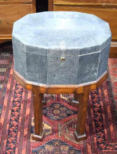 A GEORGIAN STYLE SHAGREEN SEWING BOX ON STAN…