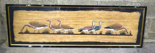 AN EGYPTIAN OIL PAINTING ON PAPYRUS REED of a gaggle of