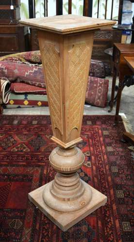 A MODERN PINE PEDESTAL PLINTH. 108 cm high.