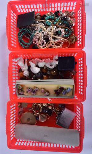 THREE BASKETS OF COSTUME JEWELLERY inc porcelain putti