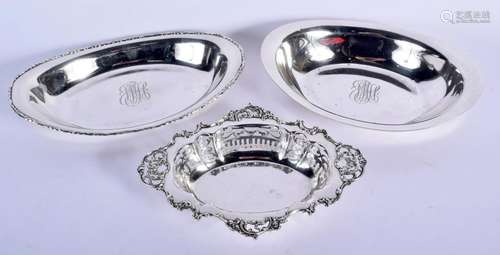 THREE STERLING SILVER DISHES including a open work bon