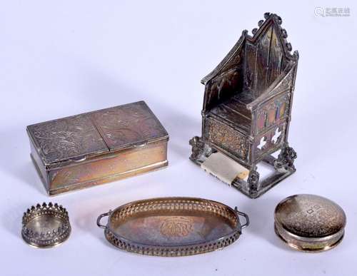 AN ANTIQUE MINIATURE SILVER CHAIR together with other