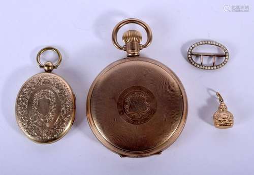 A YELLOW METAL FOB together with a watch etc. 126