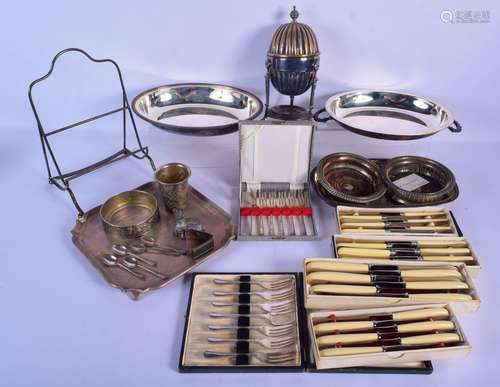 A BOX OF SILVER PLATED WARES including a salver etc.