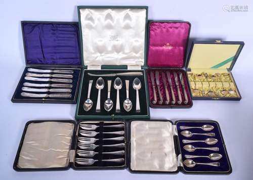 SIX CASED SETS OF SILVER SPOONS etc. Silver 450 grams