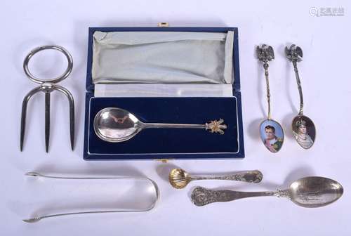 A PAIR OF SILVER AND ENAMEL SPOONS together with an