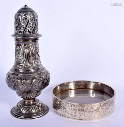 AN ANTIQUE SILVER SUGAR SIFTER together with a silver