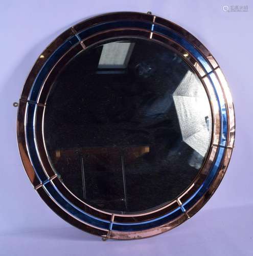 A CHARMING ART DECO PINK AND BLUE GLASS CIRCULAR MIRROR