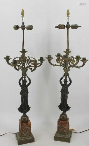 An Antique Pr Of Patinated & Gilt Bronze Figural