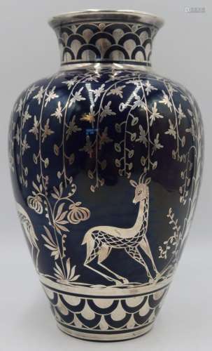 SILVER. Richard Ginori Silver Overlay Cobalt Vase.