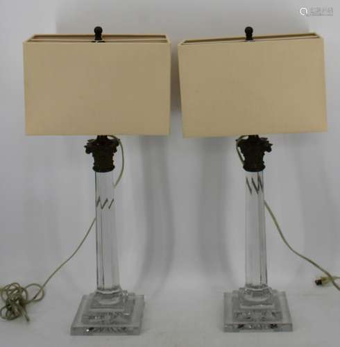 Pair Of Baccarat Quality Column Form Glass Lamps.