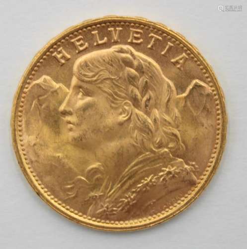 BULLION. 1949 20 Francs Swiss Helvetia Vreneli